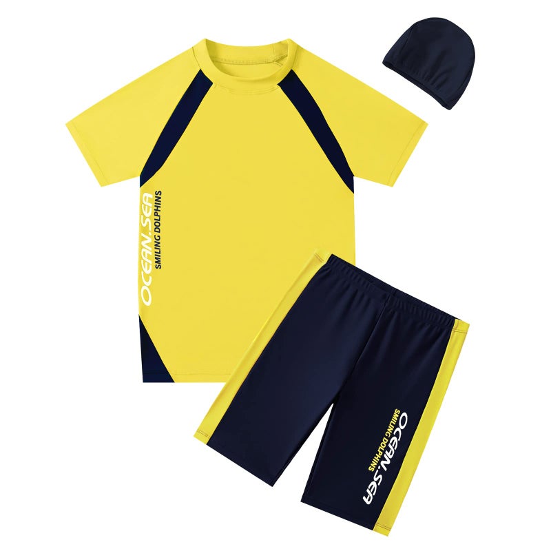 KID1234 Boys Swimsuits UPF50+UV Swimwear Set Two Piece Rash Guard with Hat for Kids 4-14 Years Yellow - Image 4