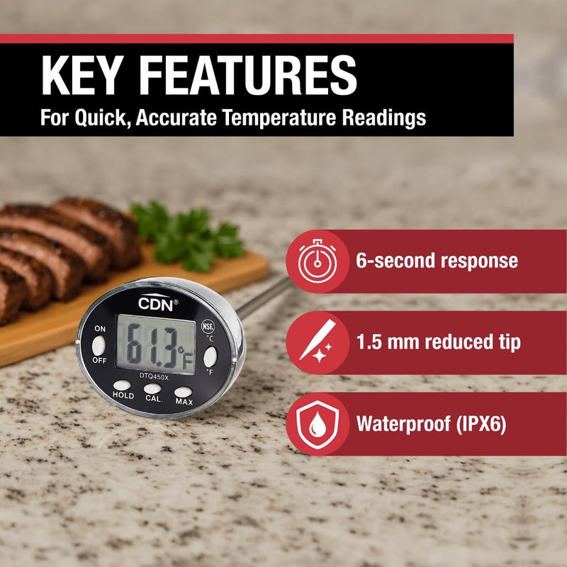 CDN Thin Tip Thermometer | ProAccurate®, 4.75" Stem, Digital, Hold, Max, Waterproof, NSF Certified, Ideal for Cooking, Brewing - DTQ450X - Image 2