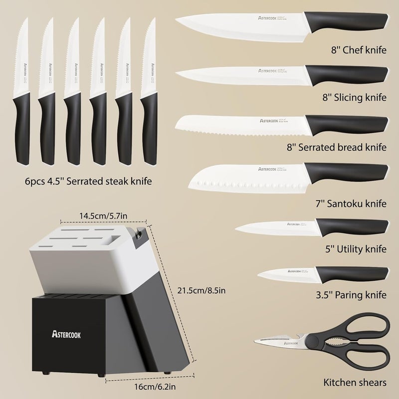 Astercook Knife Set, Kitchen Knives with Block and Sharpener Ceramic Coating 15 Pcs German Stainless Steel Knives Sharp Blade Dishwasher Safe Deba Knives with Ergonomic Handle, Elegant Black - Image 5