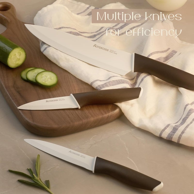 Astercook Knife Set, Kitchen Knives with Block and Sharpener Ceramic Coating 15 Pcs German Stainless Steel Knives Sharp Blade Dishwasher Safe Deba Knives with Ergonomic Handle, Elegant Black - Image 4