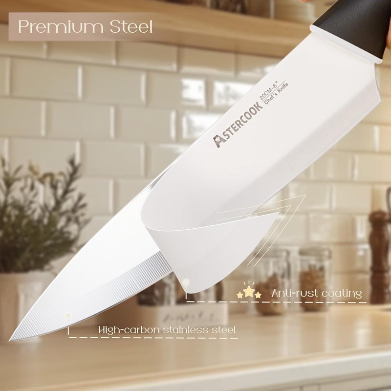 Astercook Knife Set, Kitchen Knives with Block and Sharpener Ceramic Coating 15 Pcs German Stainless Steel Knives Sharp Blade Dishwasher Safe Deba Knives with Ergonomic Handle, Elegant Black - Image 2