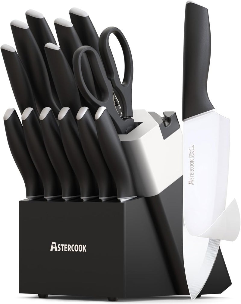 Astercook Knife Set, Kitchen Knives with Block and Sharpener Ceramic Coating 15 Pcs German Stainless Steel Knives Sharp Blade Dishwasher Safe Deba Knives with Ergonomic Handle, Elegant Black - Image 1