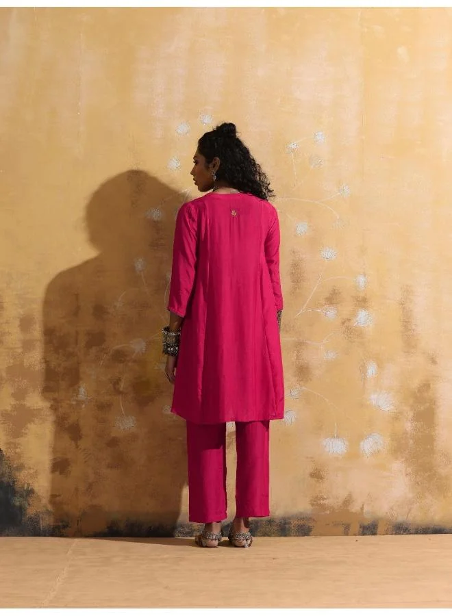 ترو برونز trueBrowns Pink Muslin Silk A-Line Kurta Co-ord Set