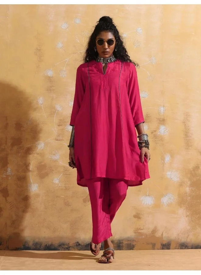 ترو برونز trueBrowns Pink Muslin Silk A-Line Kurta Co-ord Set