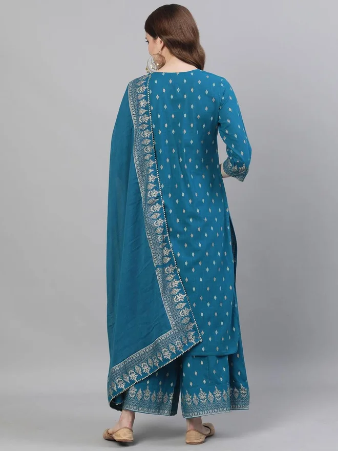 ISHIN ISHIN Women Teal Blue Embroidered Kurta with Sharara and Dupatta Set