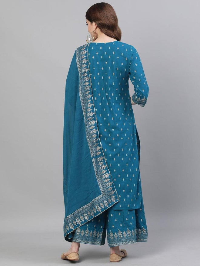 ISHIN Women Teal Blue Embroidered Kurta with Sharara and Dupatta Set - Image 2