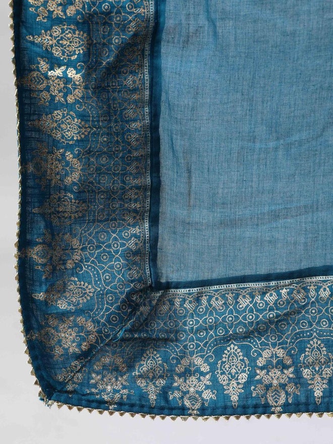 ISHIN Women Teal Blue Embroidered Kurta with Sharara and Dupatta Set - Image 3