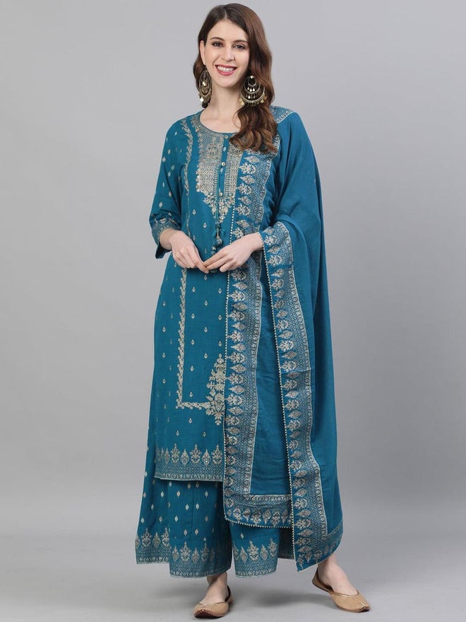 ISHIN Women Teal Blue Embroidered Kurta with Sharara and Dupatta Set - Image 1