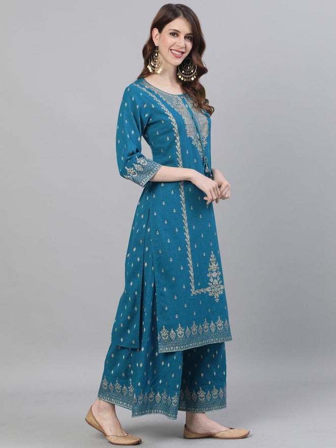 ISHIN Women Teal Blue Embroidered Kurta with Sharara and Dupatta Set - Image 5
