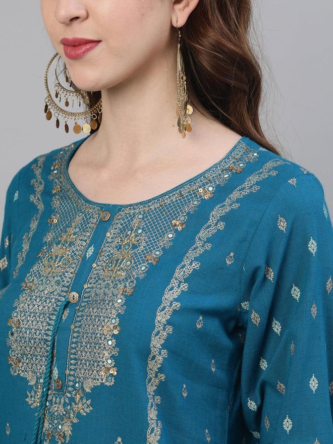 ISHIN Women Teal Blue Embroidered Kurta with Sharara and Dupatta Set - Image 4