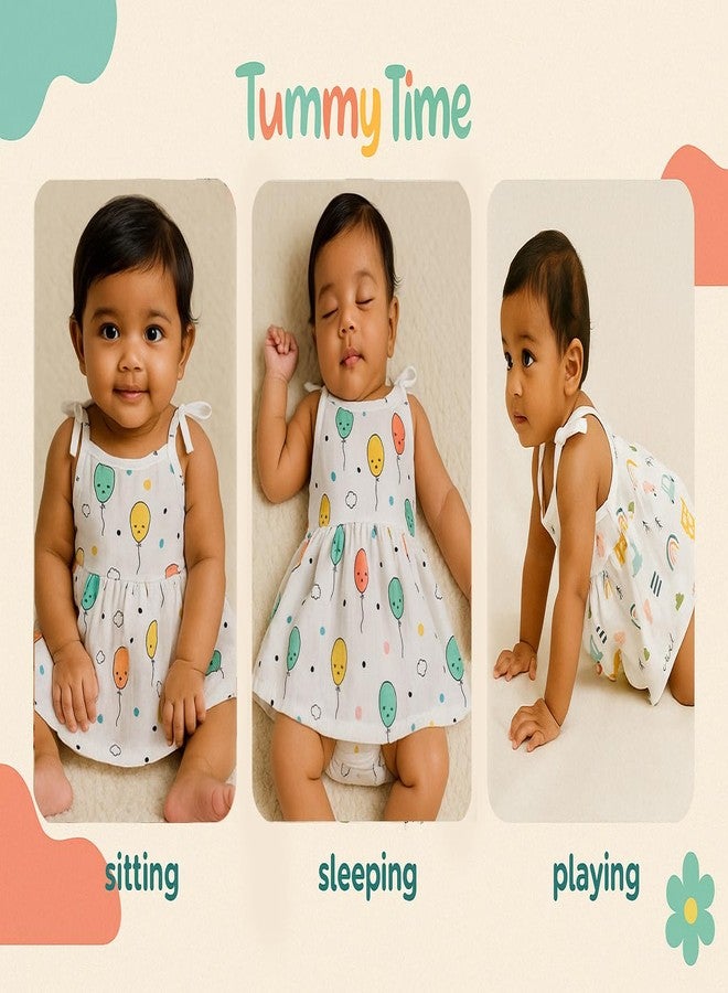 TUMMY TIME Muslin Knot Frock for Newborn Baby - White Printed, Sleeveless, Summer Wear for Baby | Muslin Soft Cotton Dress - Image 2