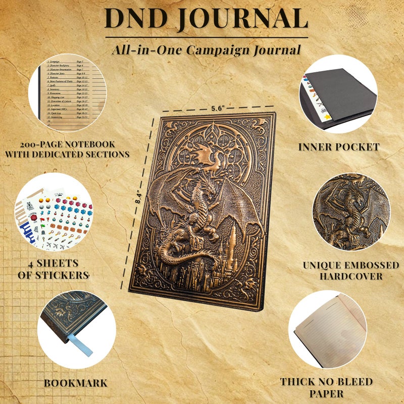 First Reign DnD Journal | D&D Notebook with 3D Dragon Embossed Hardcover | DnD Character Journal & Campaign Tracker | 150+ DnD Stickers included | D&D Character Sheets | DnD Gifts, Items & Accessories for Players - Image 2