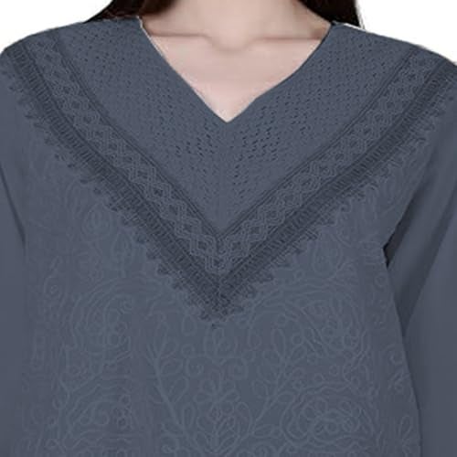 Ukal Hand Embroidered Bige Top/Full Sleeves Cotton Tunic/Summer Short Ethnic Chikan Relaxed Fit Kurti/Boho Short Ethnic Dress for Women (in, Alpha, S, Dark_Grey) - Image 3