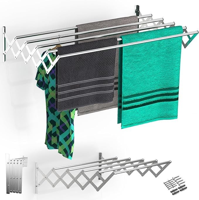 SUNDRY Tuff & Tuff Heavy Duty Stainless Steel Foldable Wall Mounted Cloth Drying Stand for Bathroom/Cloth Dryer Racks for Drying/Towel Stand Size 24 inch (Stainless Steel) - Image 1