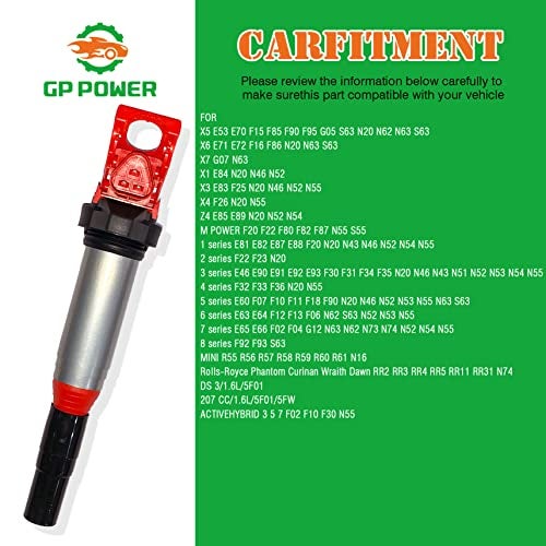 GP POWER IGNITION COIL UF667 12138616153 SET OF 1 COMPATIBLE WITH BMW 1 2 3 4 5 6 7 8 Series X1 X3 X4 X5 X6 X7 MINI R55 R56 N16 N46 N20 N52 N54 N55 N63 S63 N73 L4 L6 V8 V12 E&F Series Chassis - Image 4