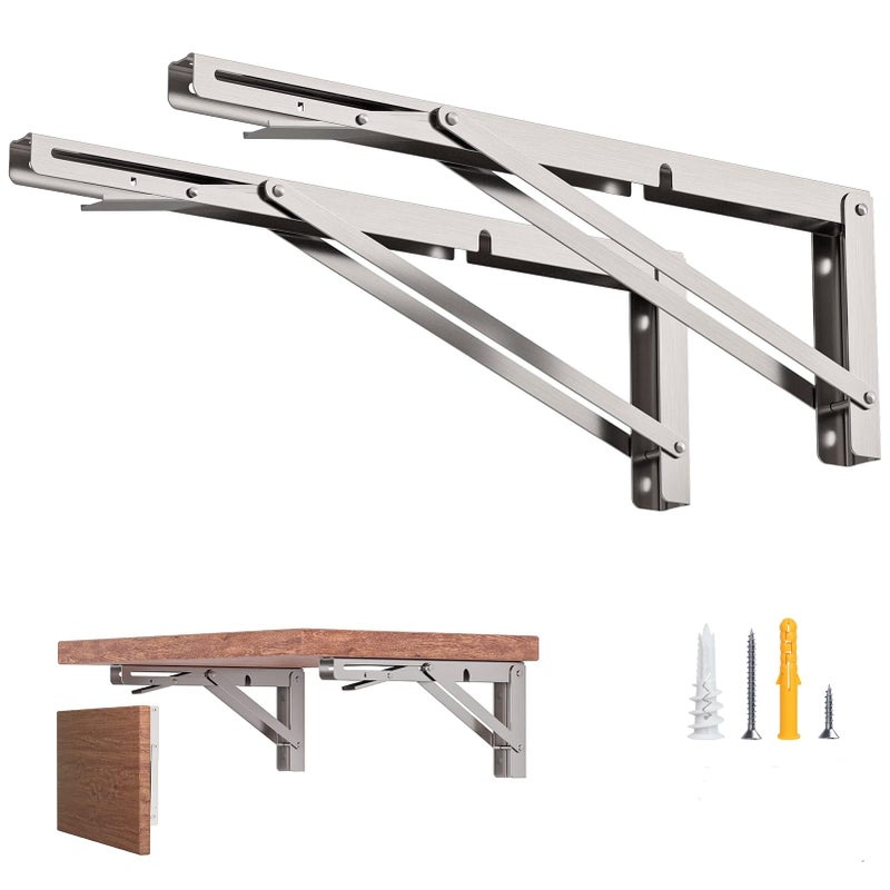8Inch Foldable Brackets for DIY Folding Shelves or Tables L Shelf Brackets Collapsible Heavy Duty Stainless Steel Max Load 300lbs Silver 2 Pcs