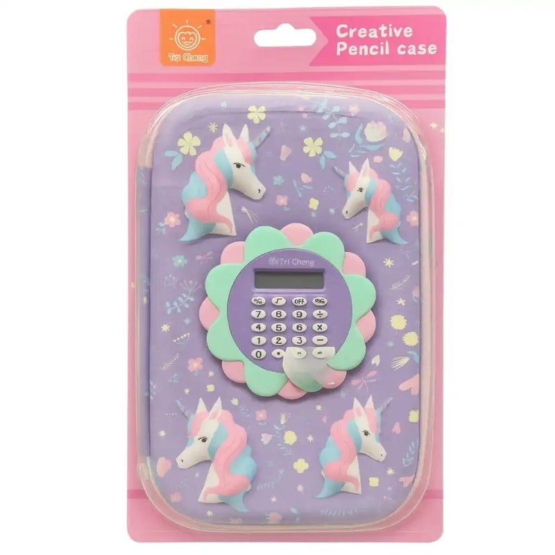 Unicorn Themed Kids Pencil Bag With Zip Lock And Build In Calculator- Purple