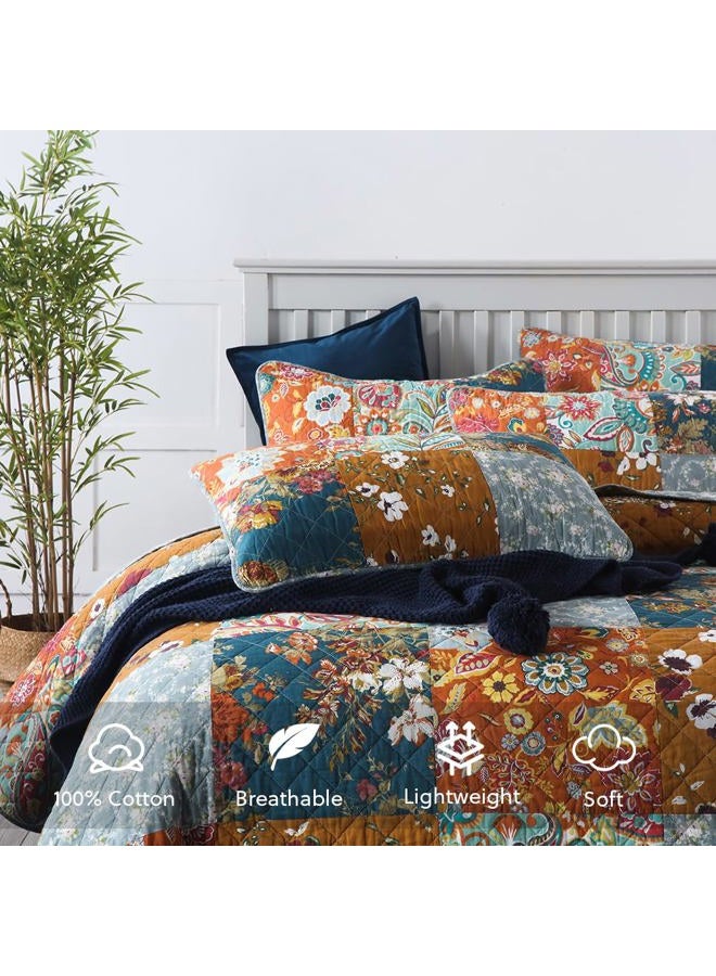 camandy Cotton Bedspread Quilt Bedding Sets 3 Pieces Reversible Coverlet Sets Comforters Luxury Paisley Floral Patchwork Brown Bedspread, Queen Size - Image 3