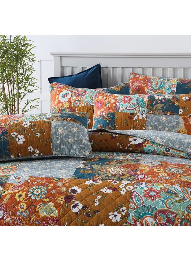 camandy Cotton Bedspread Quilt Bedding Sets 3 Pieces Reversible Coverlet Sets Comforters Luxury Paisley Floral Patchwork Brown Bedspread, Queen Size - Image 2