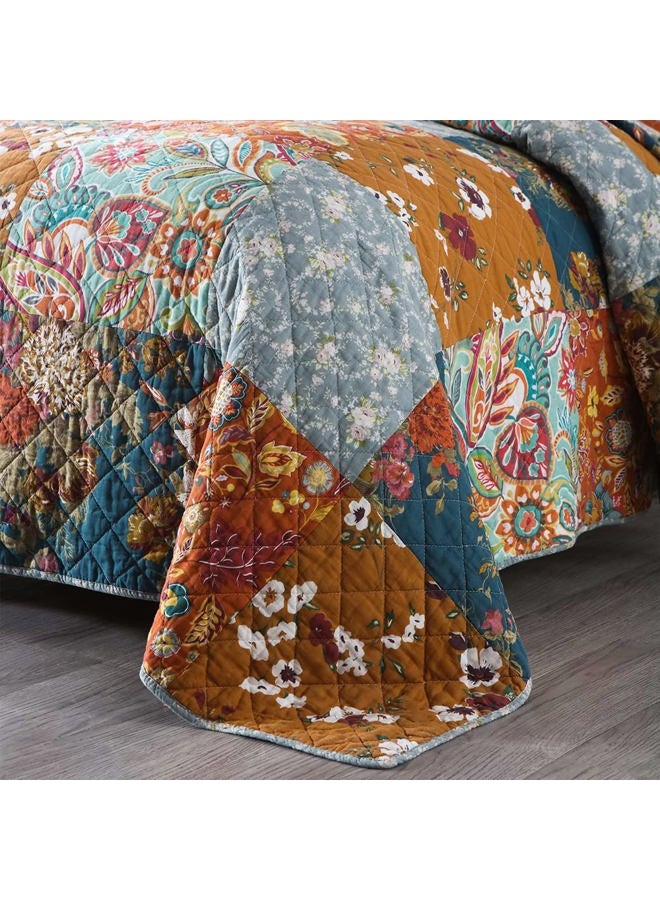 camandy Cotton Bedspread Quilt Bedding Sets 3 Pieces Reversible Coverlet Sets Comforters Luxury Paisley Floral Patchwork Brown Bedspread, Queen Size - Image 4