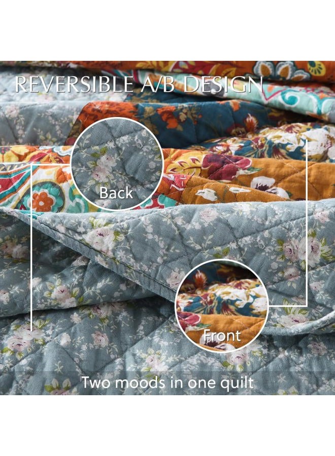 camandy Cotton Bedspread Quilt Bedding Sets 3 Pieces Reversible Coverlet Sets Comforters Luxury Paisley Floral Patchwork Brown Bedspread, Queen Size - Image 5