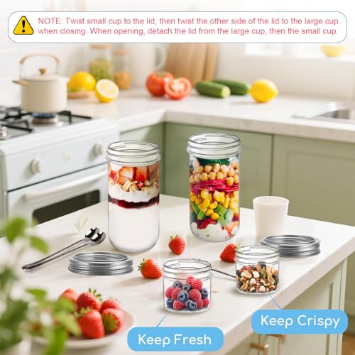 shopwithgreen 4 Pack Overnight Oats Containers with Lids and Spoons, Dual-Layer Chia Pudding Jars with Dry/Wet Separation, Yogurt Parfait Cups, (22 oz+4oz) Glass Mason Salad Jars with Lids for Breakfast Oatmeal - Image 3