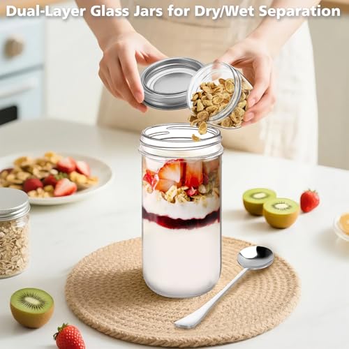 shopwithgreen 4 Pack Overnight Oats Containers with Lids and Spoons, Dual-Layer Chia Pudding Jars with Dry/Wet Separation, Yogurt Parfait Cups, (22 oz+4oz) Glass Mason Salad Jars with Lids for Breakfast Oatmeal - Image 2