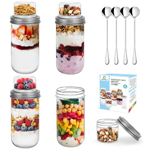 shopwithgreen 4 Pack Overnight Oats Containers with Lids and Spoons, Dual-Layer Chia Pudding Jars with Dry/Wet Separation, Yogurt Parfait Cups, (22 oz+4oz) Glass Mason Salad Jars with Lids for Breakfast Oatmeal - Image 1