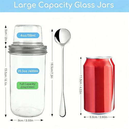 shopwithgreen 4 Pack Overnight Oats Containers with Lids and Spoons, Dual-Layer Chia Pudding Jars with Dry/Wet Separation, Yogurt Parfait Cups, (22 oz+4oz) Glass Mason Salad Jars with Lids for Breakfast Oatmeal - Image 5