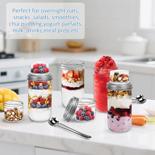 shopwithgreen 4 Pack Overnight Oats Containers with Lids and Spoons, Dual-Layer Chia Pudding Jars with Dry/Wet Separation, Yogurt Parfait Cups, (22 oz+4oz) Glass Mason Salad Jars with Lids for Breakfast Oatmeal - Image 4