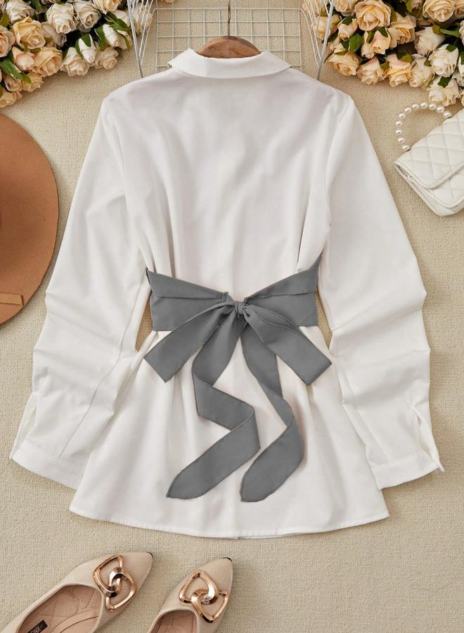 تايك تو بلوزة مزينة بنمط كتل الألوان مع تفاصيل عقدة - Image 2