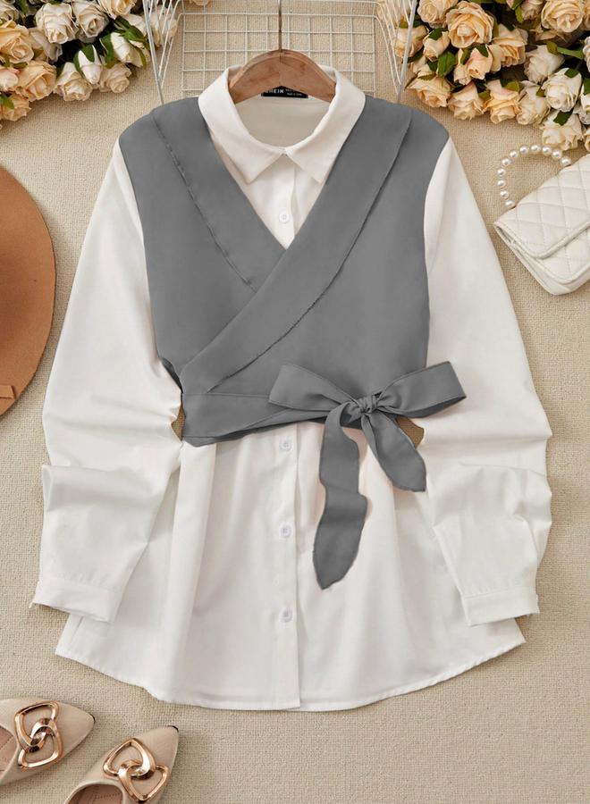 تايك تو بلوزة مزينة بنمط كتل الألوان مع تفاصيل عقدة - Image 1