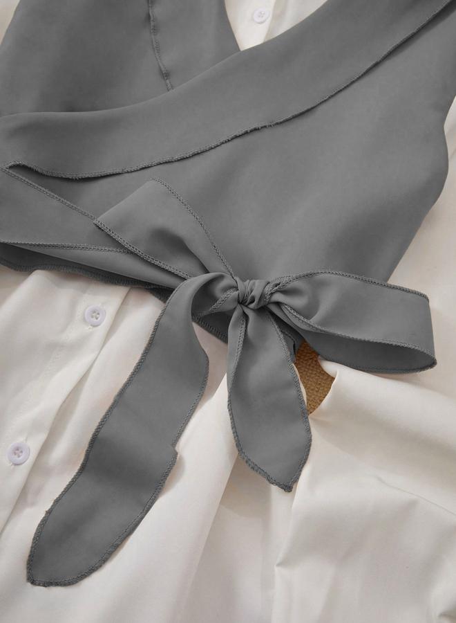 تايك تو بلوزة مزينة بنمط كتل الألوان مع تفاصيل عقدة - Image 5