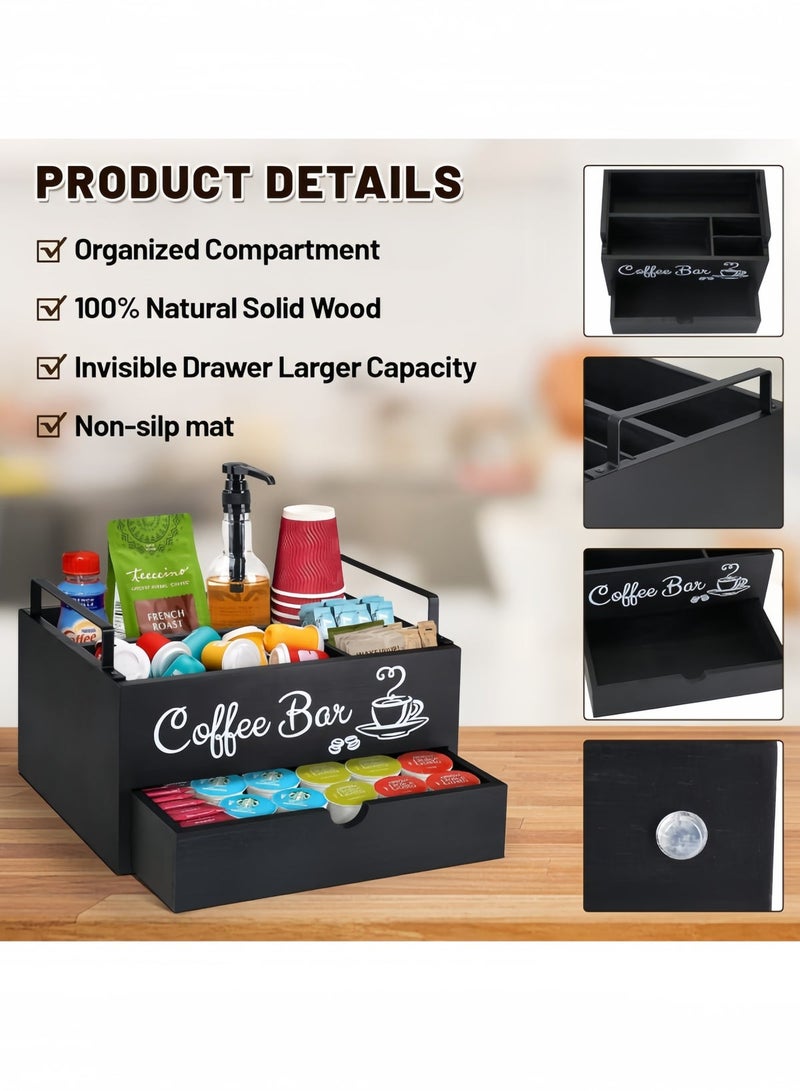 nihao Black3 Coffee Bar Accessories Organizer Countertop Wood Coffee Station Organizer With Handle K Cup Storage Basket Coffee Pod Holders With Drawer Farmhouse Coffee Condiment Organizer For Coffee Bar Deco - Image 3