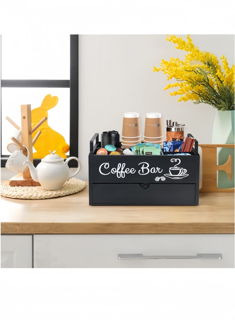 nihao Black3 Coffee Bar Accessories Organizer Countertop Wood Coffee Station Organizer With Handle K Cup Storage Basket Coffee Pod Holders With Drawer Farmhouse Coffee Condiment Organizer For Coffee Bar Deco - Image 4