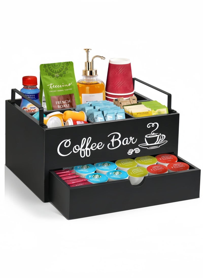 nihao Black3 Coffee Bar Accessories Organizer Countertop Wood Coffee Station Organizer With Handle K Cup Storage Basket Coffee Pod Holders With Drawer Farmhouse Coffee Condiment Organizer For Coffee Bar Deco - Image 1