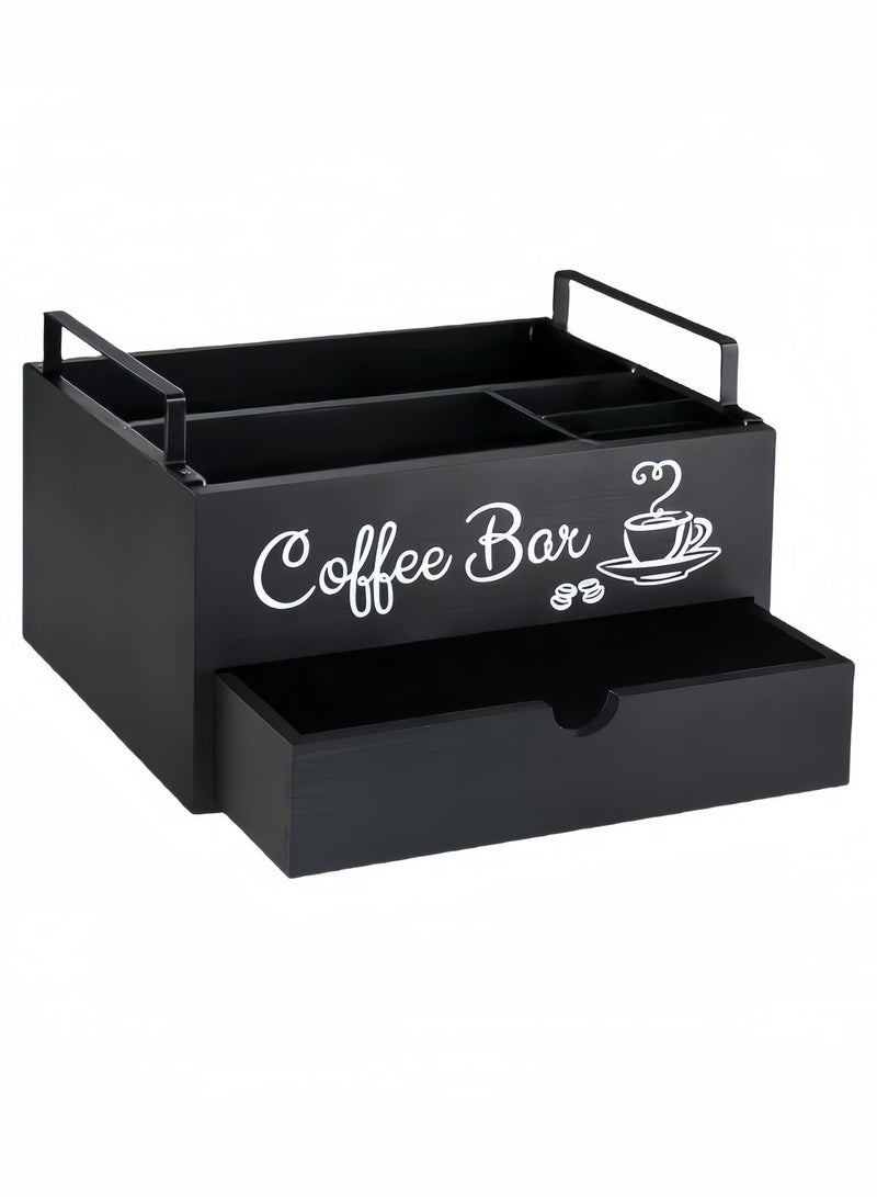 nihao Black3 Coffee Bar Accessories Organizer Countertop Wood Coffee Station Organizer With Handle K Cup Storage Basket Coffee Pod Holders With Drawer Farmhouse Coffee Condiment Organizer For Coffee Bar Deco - Image 2