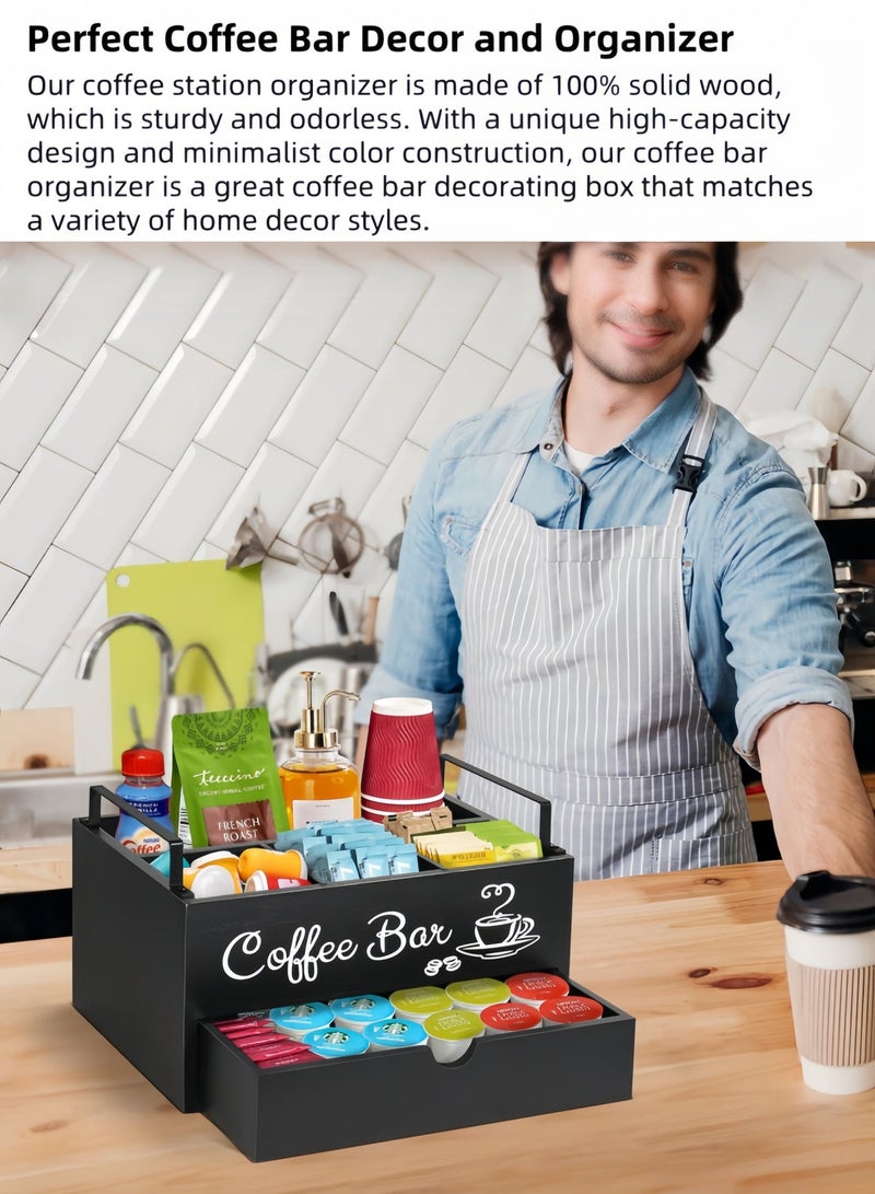 nihao Black3 Coffee Bar Accessories Organizer Countertop Wood Coffee Station Organizer With Handle K Cup Storage Basket Coffee Pod Holders With Drawer Farmhouse Coffee Condiment Organizer For Coffee Bar Deco - Image 5