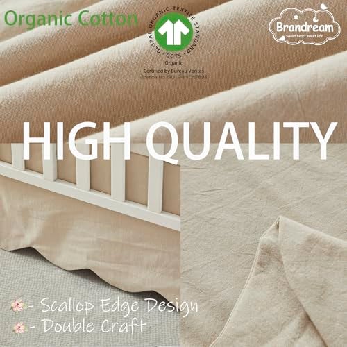 Brandream Scallop Edge Organic Cotton Crib Skirt Baby Boy Baby Girl Gender Neutral Crib Skirt Toddler Bedskirt Farmhouse Chic Nursery Crib Bed Skirt Boho Bohemian Solid Beige Skirt - Image 3