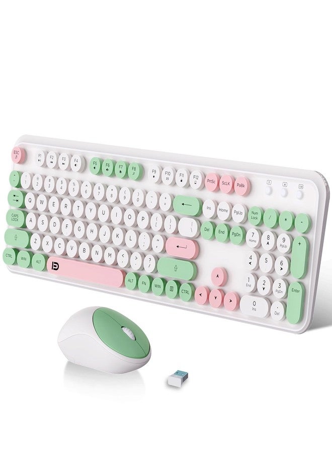FOPETT 2.4GHz Wireless Keyboard and Mouse Set with Switch Button - Full-Size Keyboard - Compatible for Windows/Laptop/PC/Notebook/Smart TV and More - White Green - Image 1