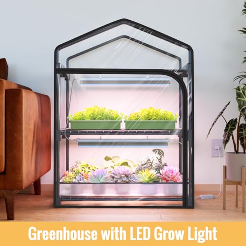 SpeePlant Mini Indoor Greenhouse with Grow Light, 2-Tier Plant Stand with PVC Tent, Ventilation Window, Bottom Pouch, 20W Full Spectrum Grow Light with Timer, for Seed Starting, 27" L x 19" W x 35" H - Image 3