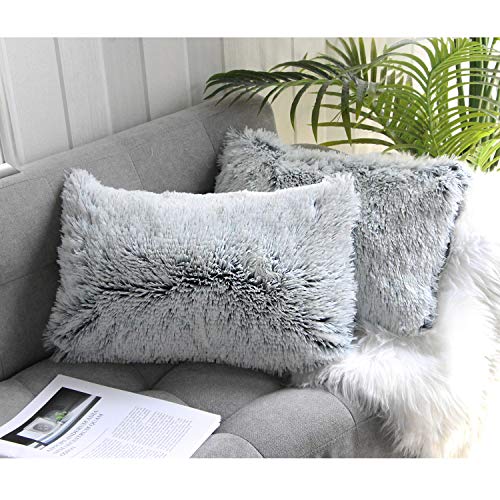 Uhomy 2 Packs Fluffy Accent Pillows Cover 20"x12", Soft Gray Ombre Faux Fur Throw Pillow Case, Modern Luxury Decorative Square Cushion Cover for Farmhouse Home Decor for Sofa/Bed/Chair, 50x30cm - Image 1