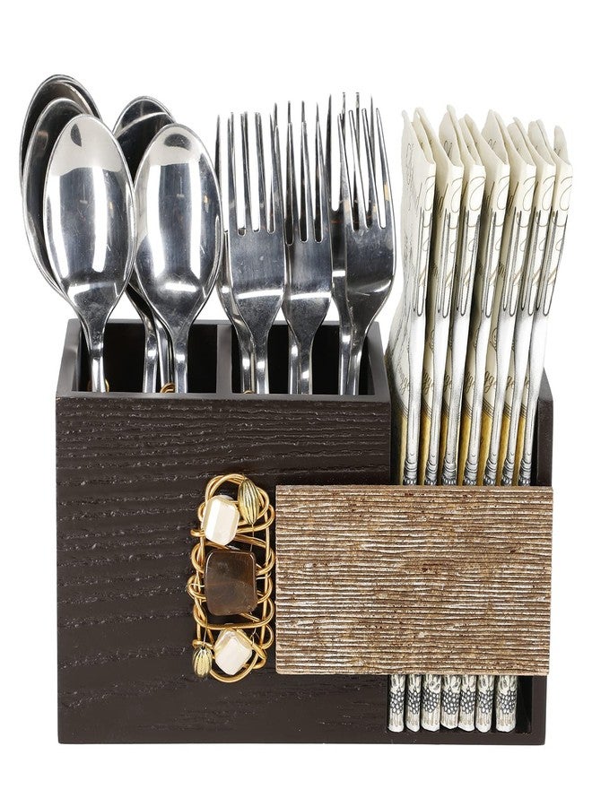 COCKTAIL Decorative Wooden MDF Spoon Stand with 3 Sections | Cutlery Holder for Dining Table and Kitchen | Multifunctional Organizer Stand | Brown, G-Spark - Image 2