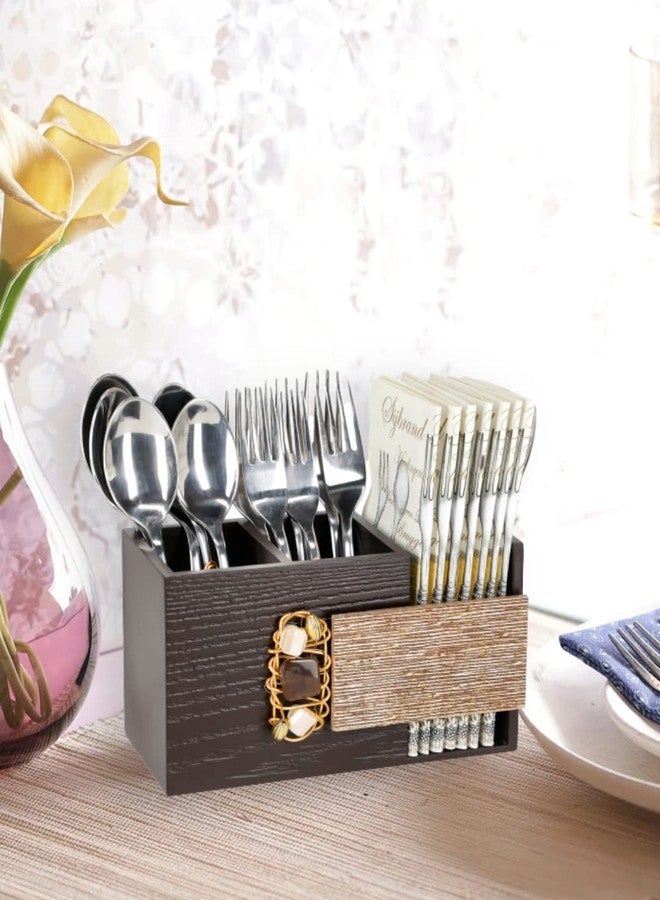 COCKTAIL Decorative Wooden MDF Spoon Stand with 3 Sections | Cutlery Holder for Dining Table and Kitchen | Multifunctional Organizer Stand | Brown, G-Spark - Image 5