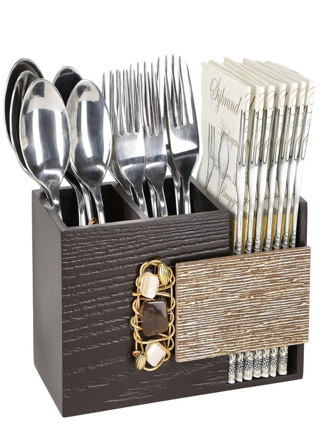 COCKTAIL Decorative Wooden MDF Spoon Stand with 3 Sections | Cutlery Holder for Dining Table and Kitchen | Multifunctional Organizer Stand | Brown, G-Spark - Image 4