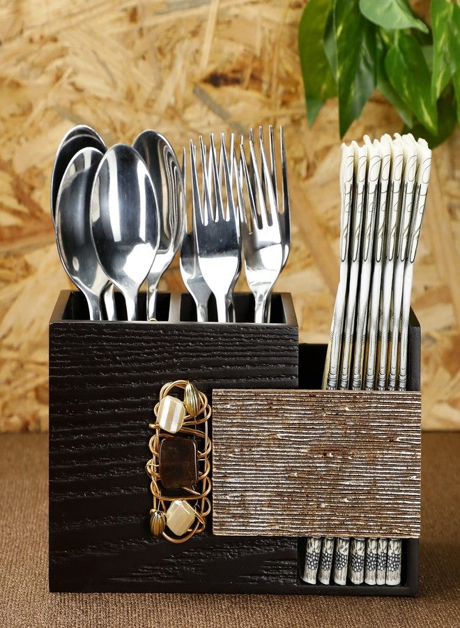 COCKTAIL Decorative Wooden MDF Spoon Stand with 3 Sections | Cutlery Holder for Dining Table and Kitchen | Multifunctional Organizer Stand | Brown, G-Spark - Image 1