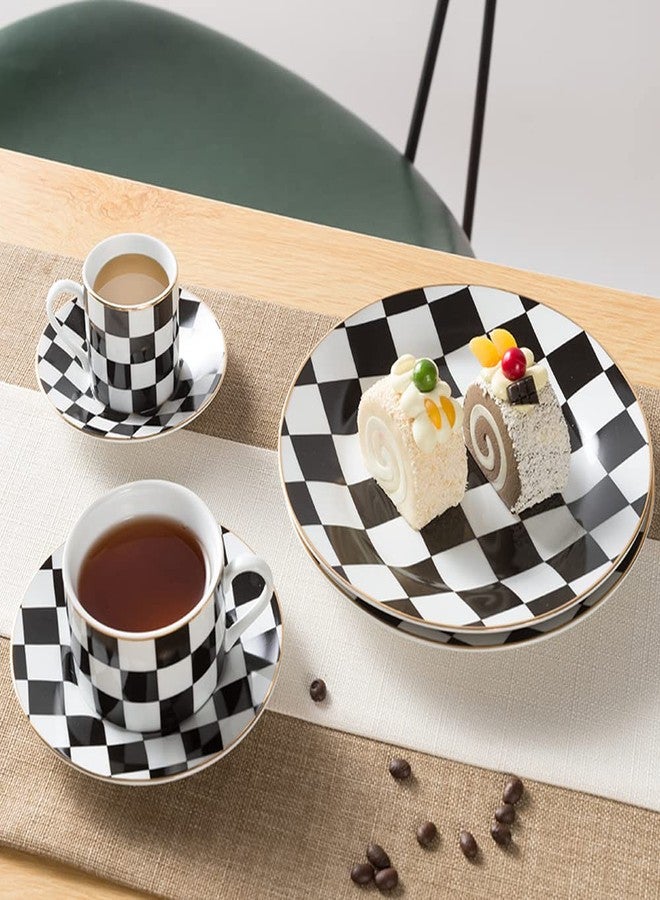 RockTrend Retro Black and White Checkerboard Gold Edge Ceramic Dinner Plate Dessert Plate Salad Plate-Set of 4 - Image 4