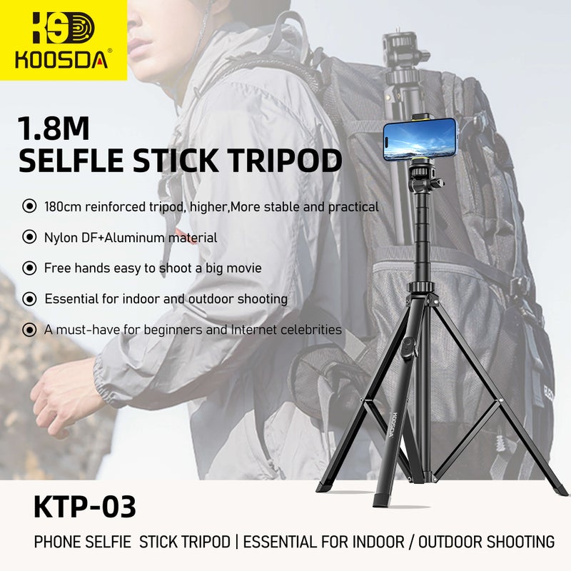 KOOSDA KTP-03 1.8M Selfie Stick Tripod – Reinforced 180CM Extendable Support - Image 2