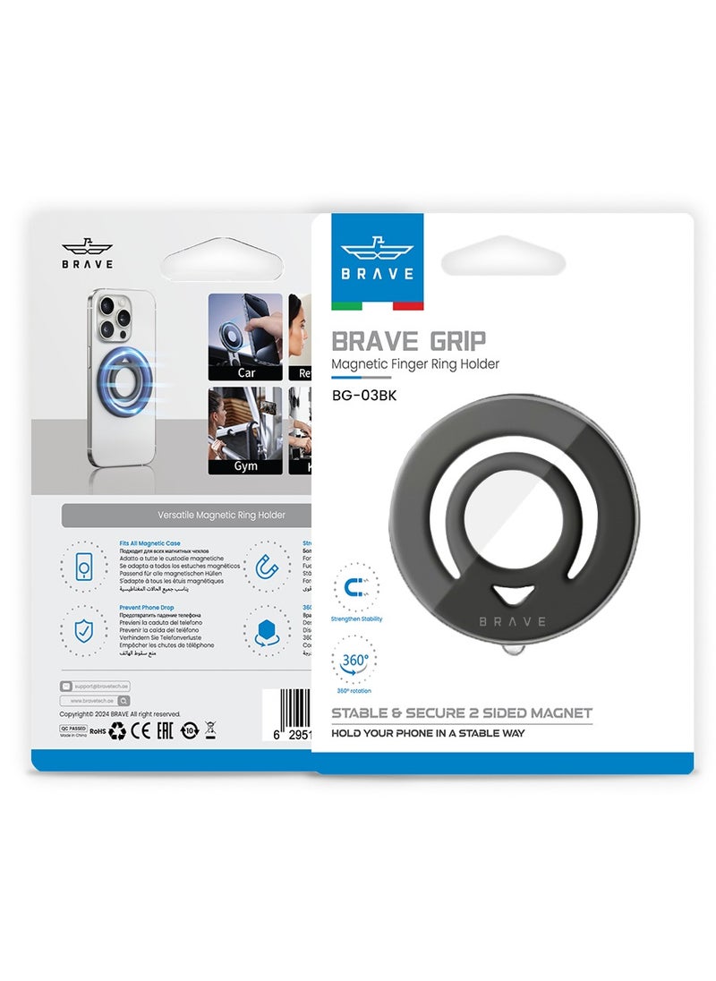 Brave - Dual-Sided Magnetic Ring Holder - Durable MagSafe Silicone Phone Grip, Compatible with Wireless Charging - Magnetic Phone Ring for iPhone 16/15/14/13/12 (Pro/Max/Plus), Samsung Galaxy S25/S24/S23/S22 and Other Series, and Other Phones with Metal Plate Attachment - Secure Grip and Hands-Free Stand (Black) - Image 1