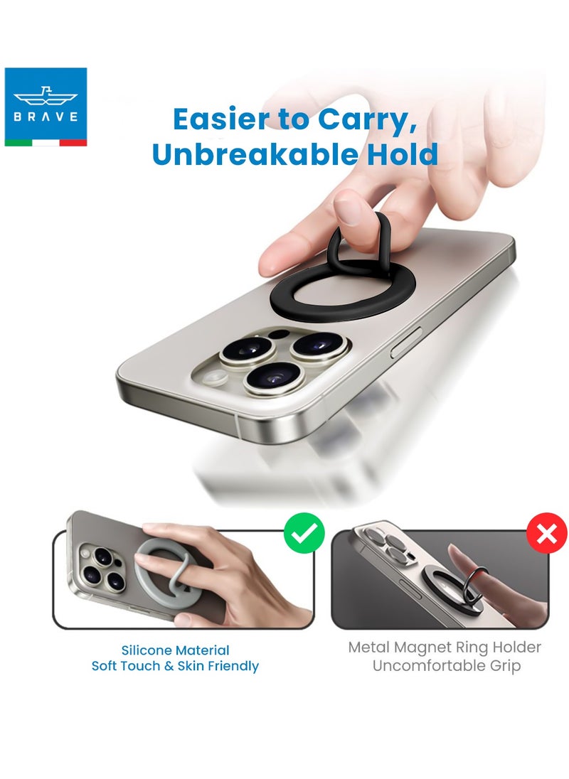 Brave - Dual-Sided Magnetic Ring Holder - Durable MagSafe Silicone Phone Grip, Compatible with Wireless Charging - Magnetic Phone Ring for iPhone 16/15/14/13/12 (Pro/Max/Plus), Samsung Galaxy S25/S24/S23/S22 and Other Series, and Other Phones with Metal Plate Attachment - Secure Grip and Hands-Free Stand (Black) - Image 1